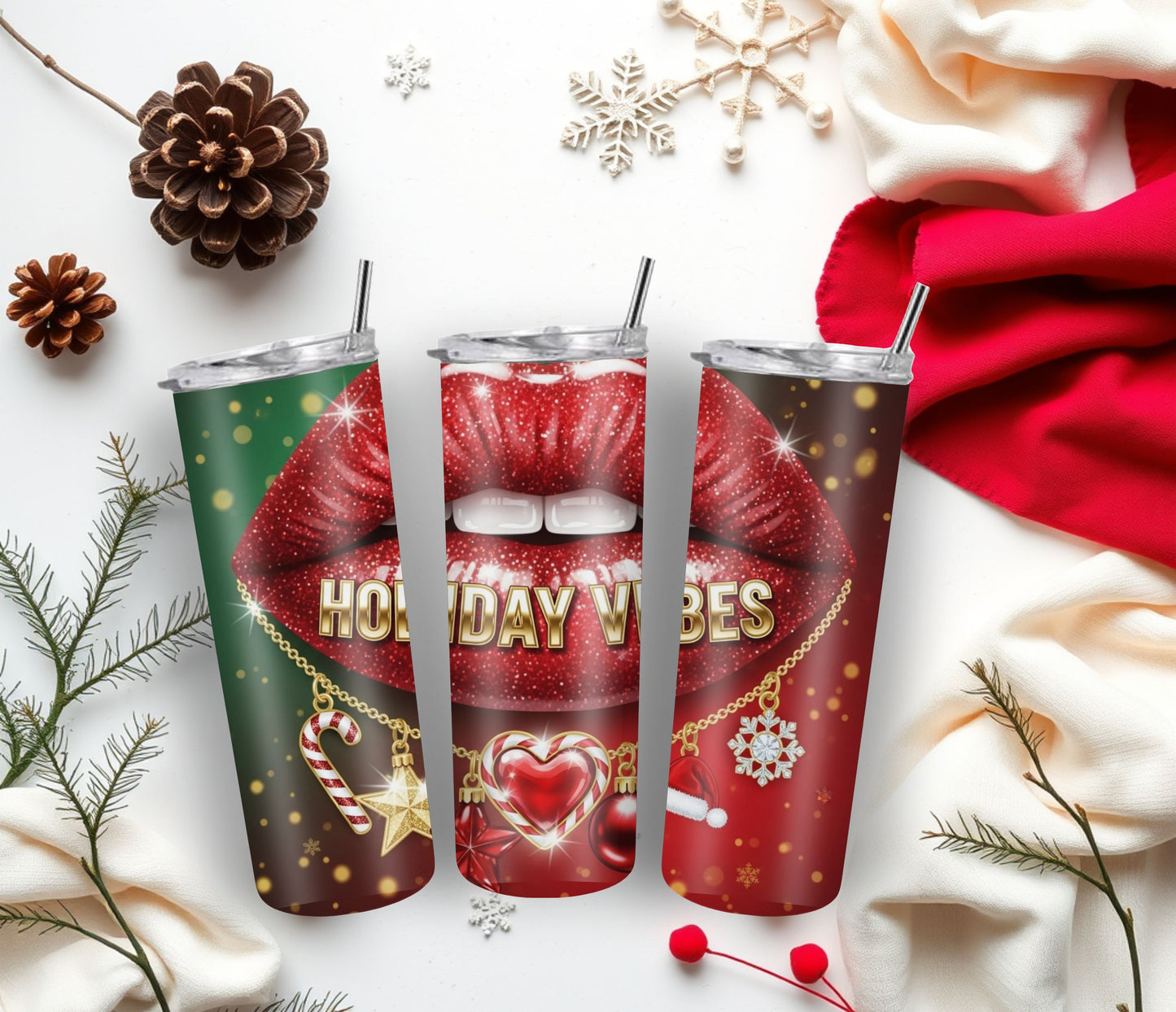 Holiday Vibes Red Lips Tumbler – 20oz Stainless Steel Christmas Cup with Lid & Straw