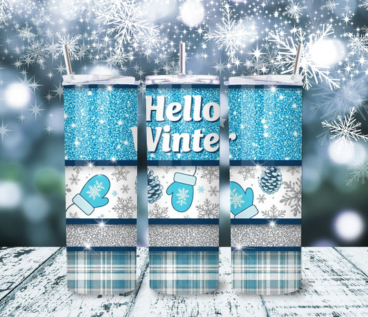 Hello Winter Blue Glitter Tumbler – 20oz Stainless Steel Cozy Seasonal Cup with Lid & Straw - Designs By Dice