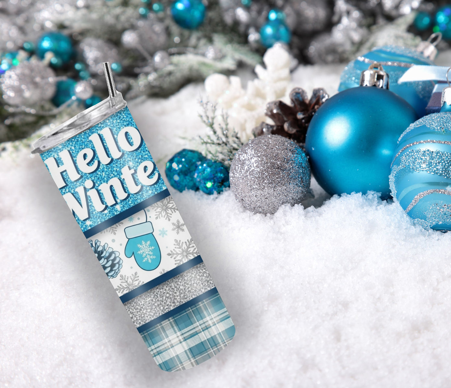 Hello Winter Blue Glitter Tumbler – 20oz Stainless Steel Cozy Seasonal Cup with Lid & Straw