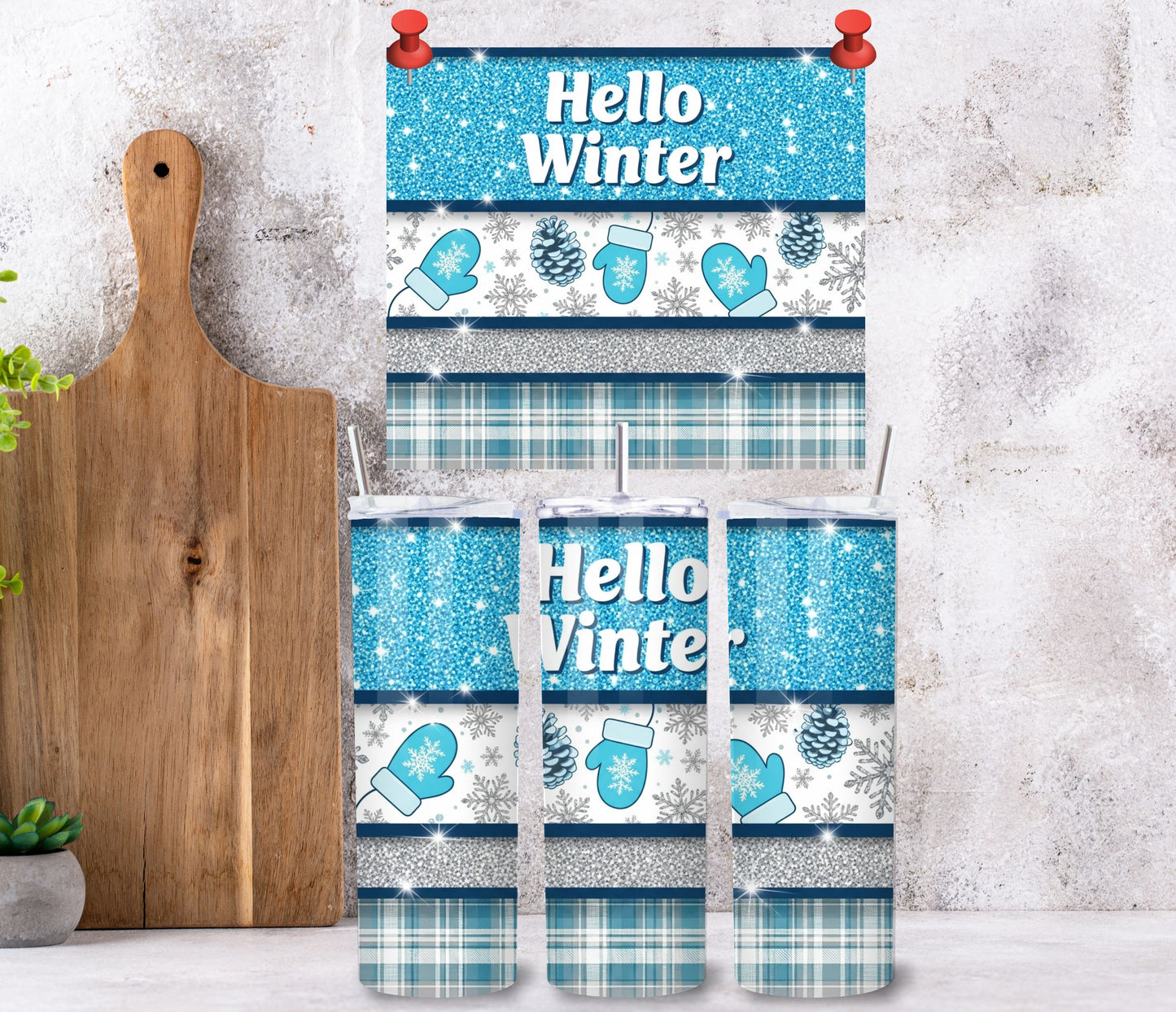 Hello Winter Blue Glitter Tumbler – 20oz Stainless Steel Cozy Seasonal Cup with Lid & Straw