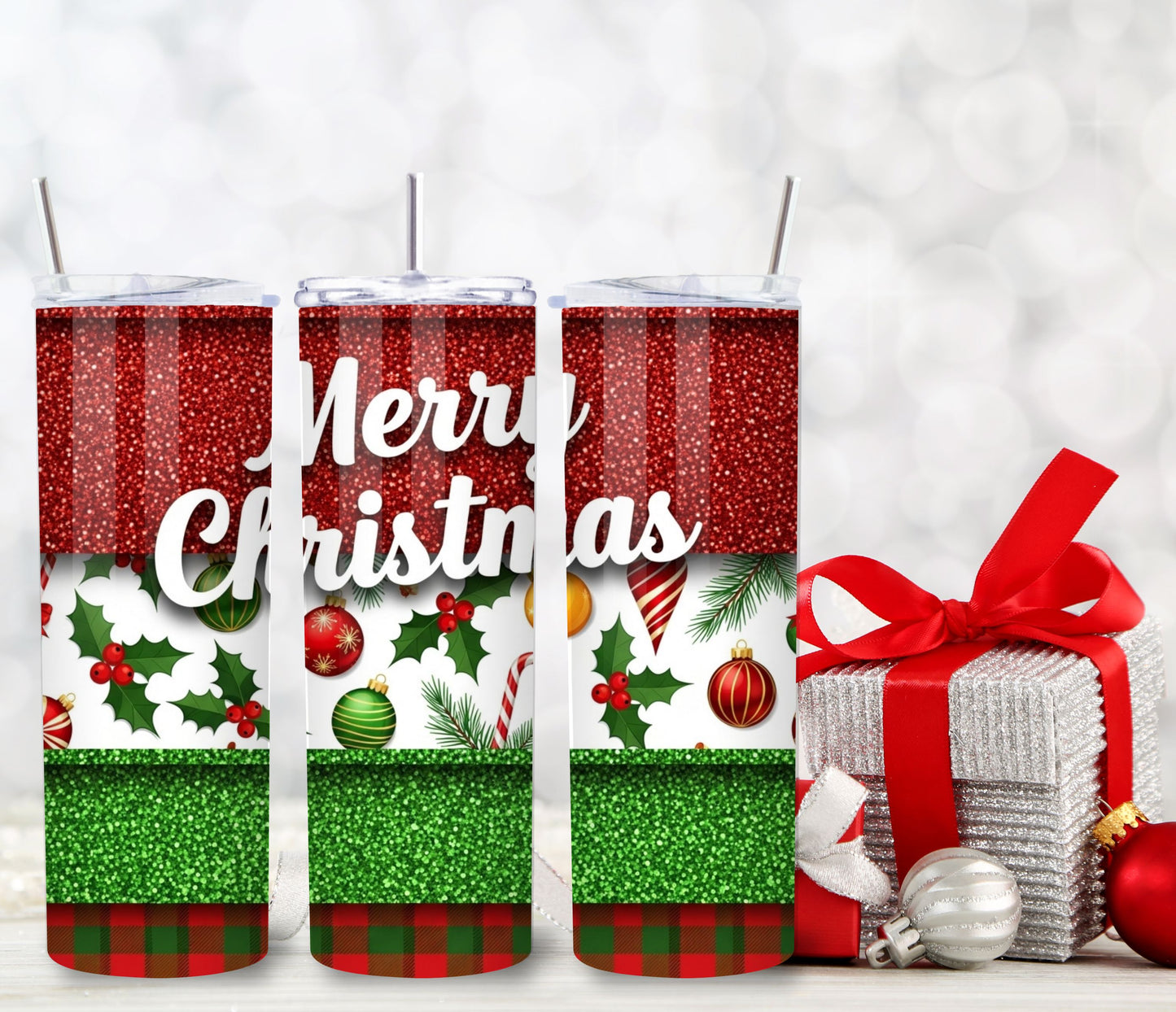 Merry Christmas Red & Green Glitter Tumbler – 20oz Stainless Steel Holiday Cup with Lid & Straw