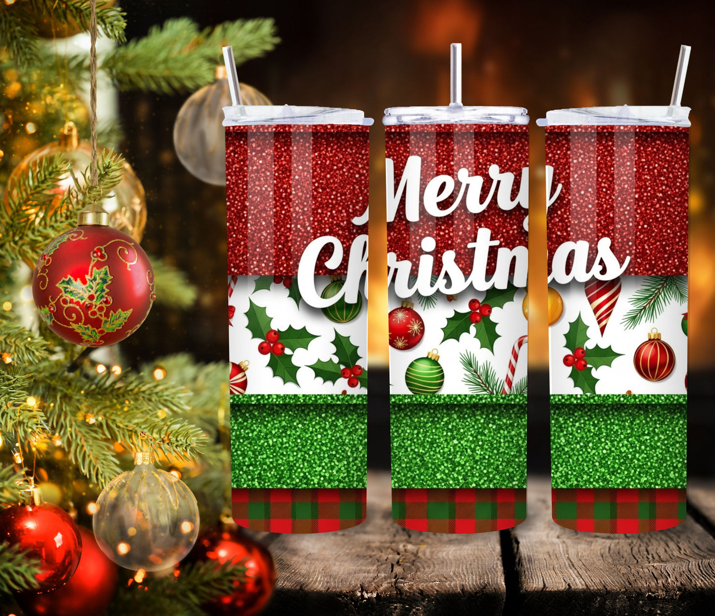 Merry Christmas Red & Green Glitter Tumbler – 20oz Stainless Steel Holiday Cup with Lid & Straw
