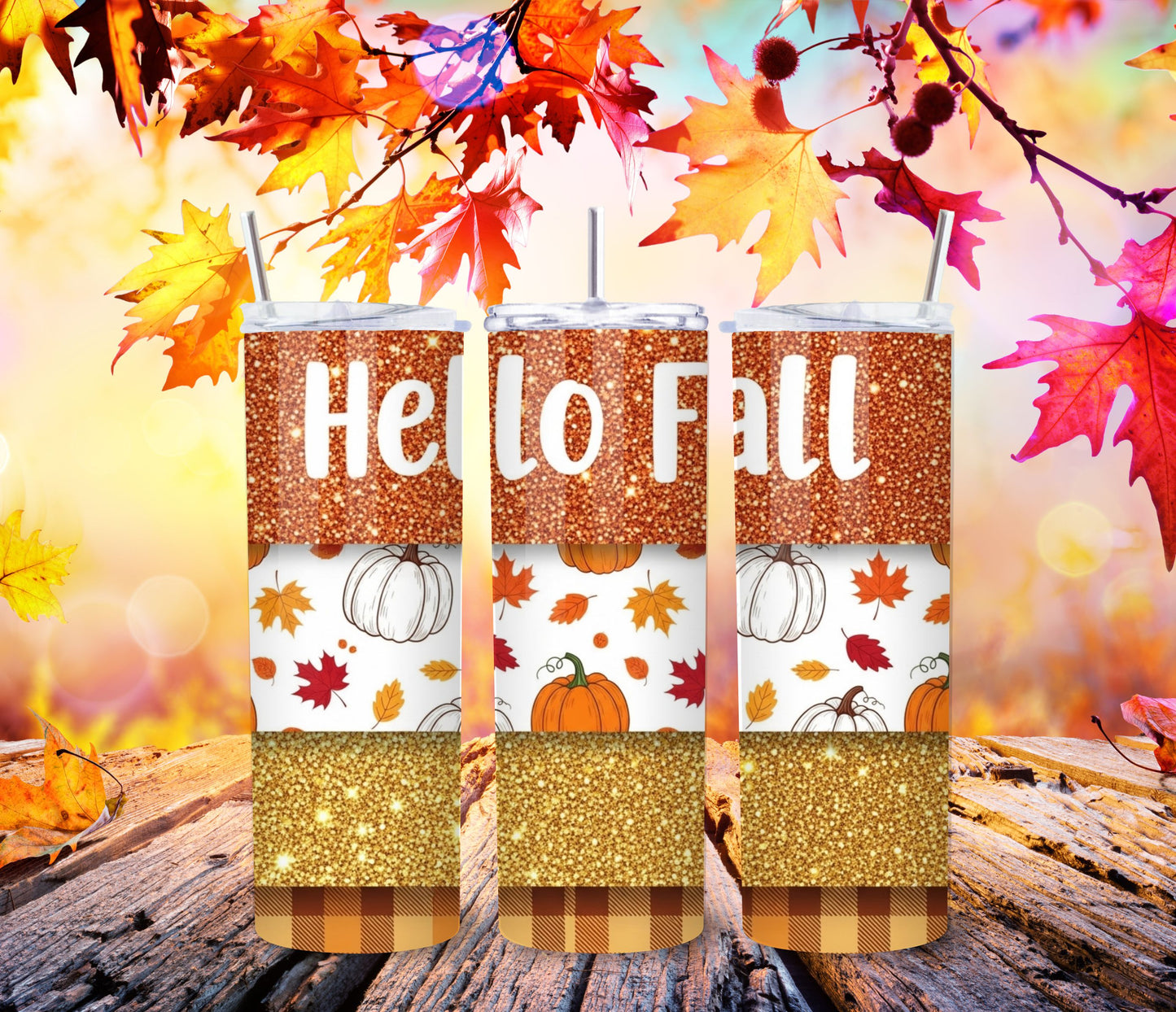 Hello Fall Pumpkin Glitter Tumbler – 20oz Stainless Steel Autumn Cup with Lid & Straw