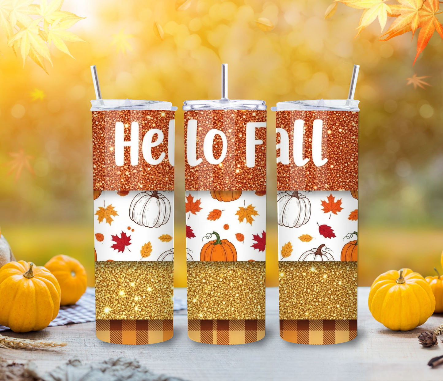 Hello Fall Pumpkin Glitter Tumbler – 20oz Stainless Steel Autumn Cup with Lid & Straw