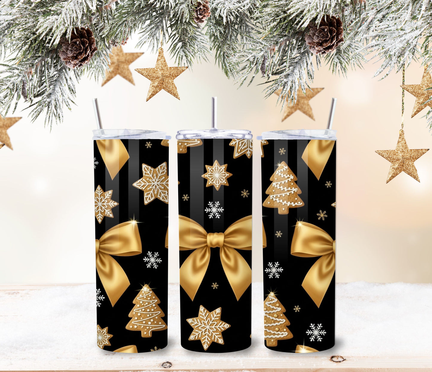 Elegant Gold Bow & Gingerbread Holiday Tumbler – 20oz Stainless Steel Christmas Cup with Lid & Straw