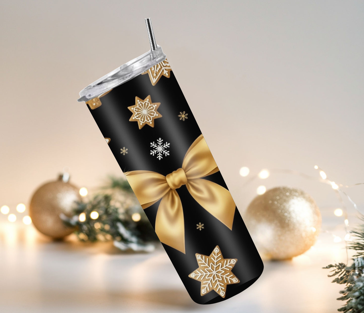 Elegant Gold Bow & Gingerbread Holiday Tumbler – 20oz Stainless Steel Christmas Cup with Lid & Straw
