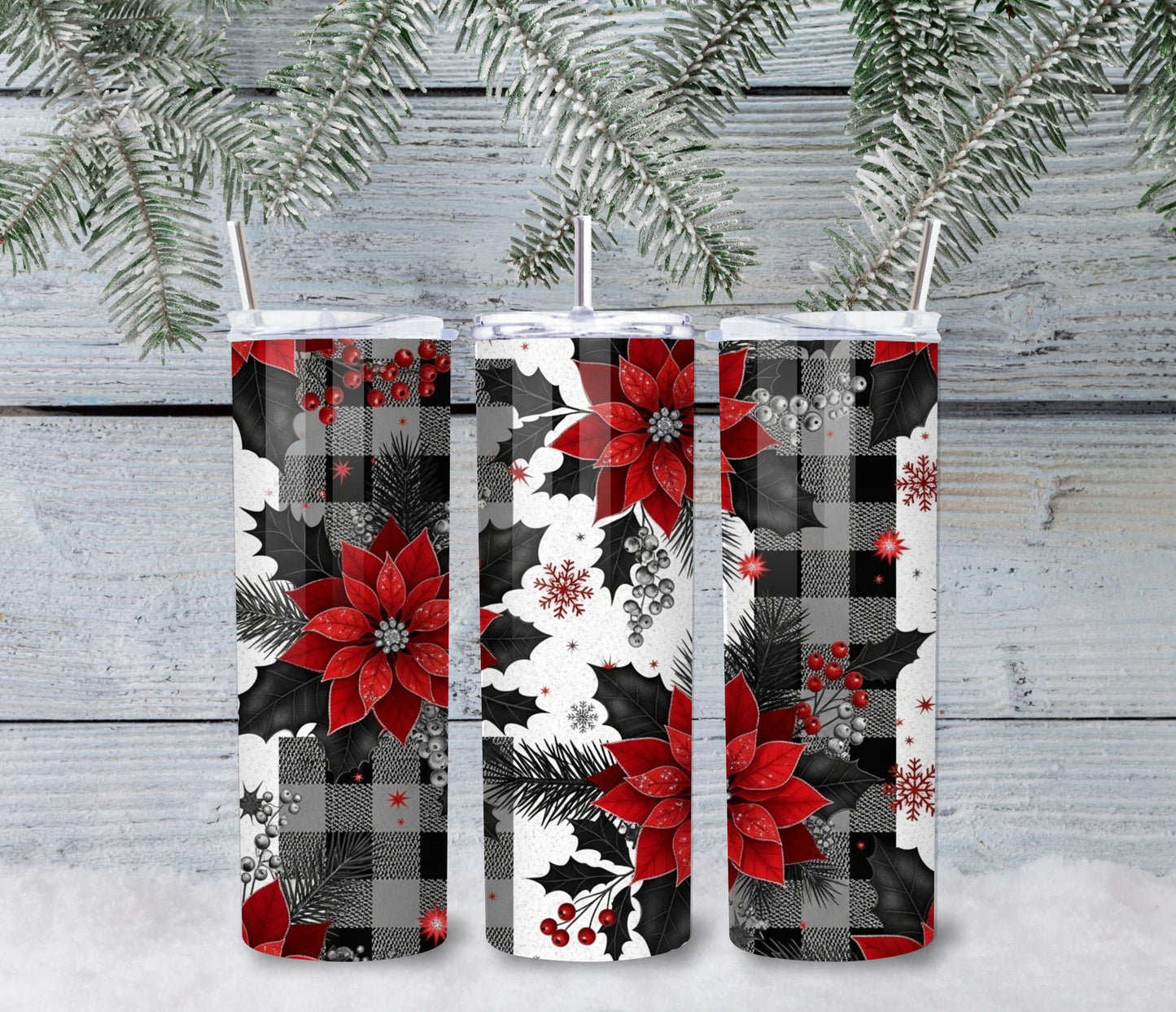 Poinsettia Plaid Christmas Tumbler – 20oz Stainless Steel Holiday Cup with Lid & Straw