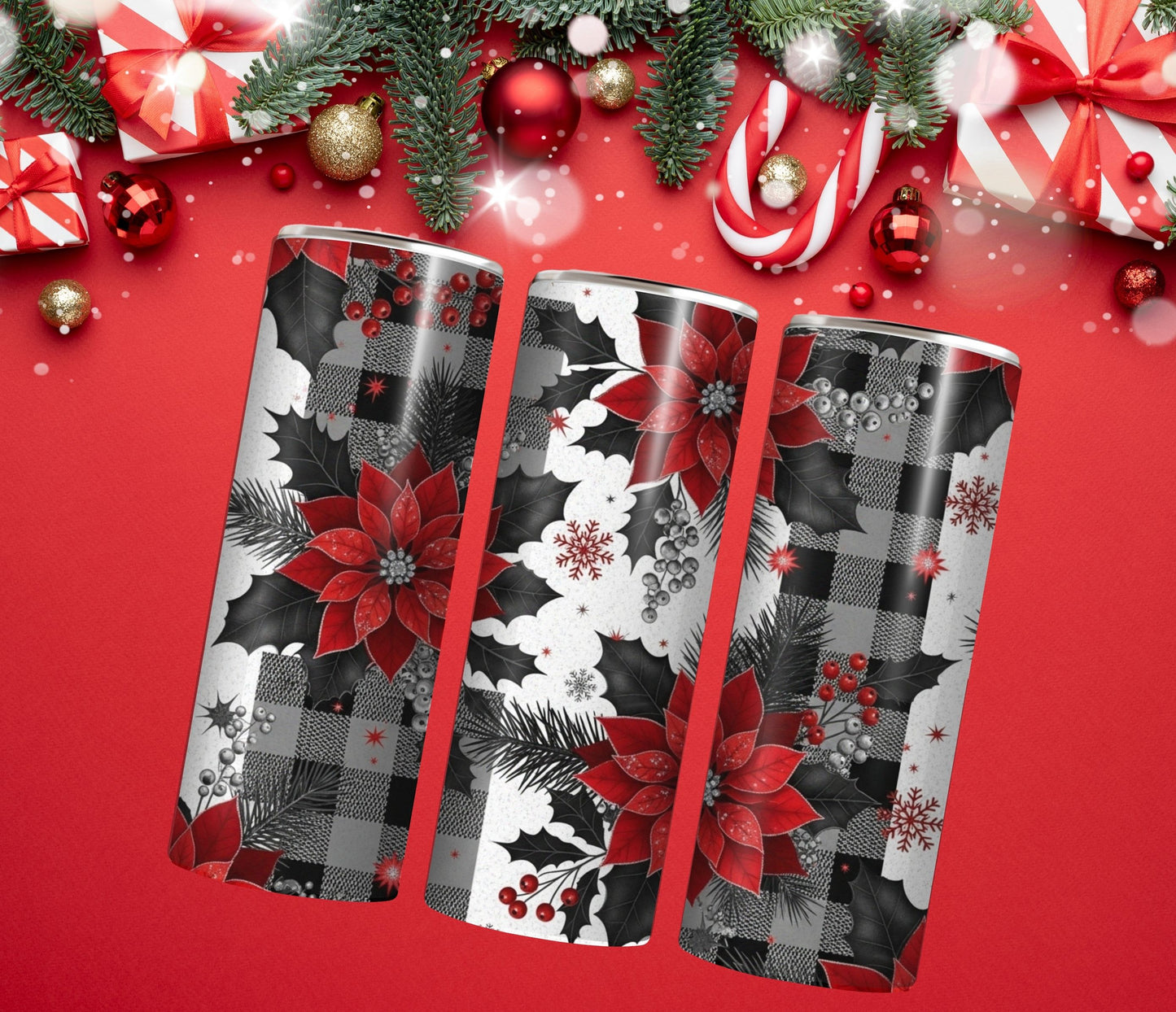 Poinsettia Plaid Christmas Tumbler – 20oz Stainless Steel Holiday Cup with Lid & Straw