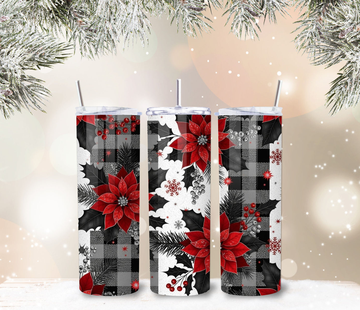 Poinsettia Plaid Christmas Tumbler – 20oz Stainless Steel Holiday Cup with Lid & Straw