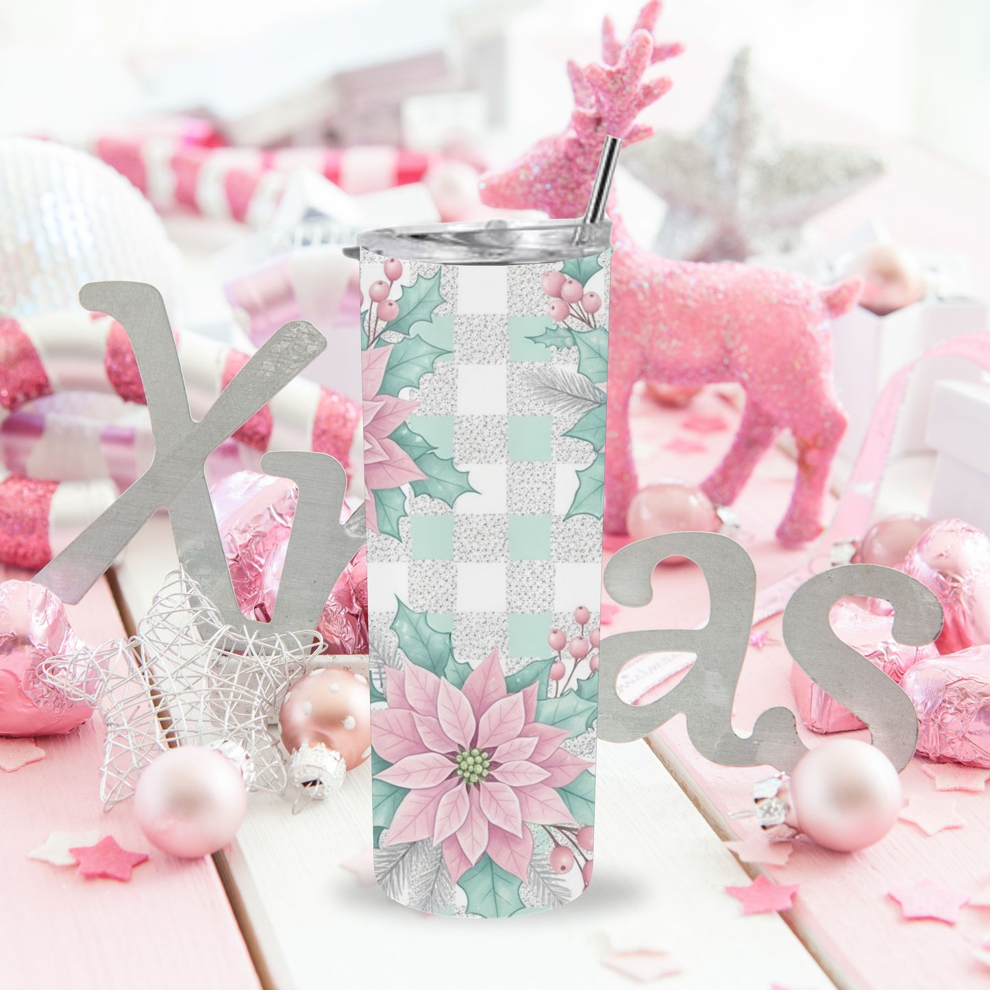 Pastel Pink Poinsettia Plaid Christmas Tumbler – 20oz Stainless Steel Holiday Cup with Lid & Straw