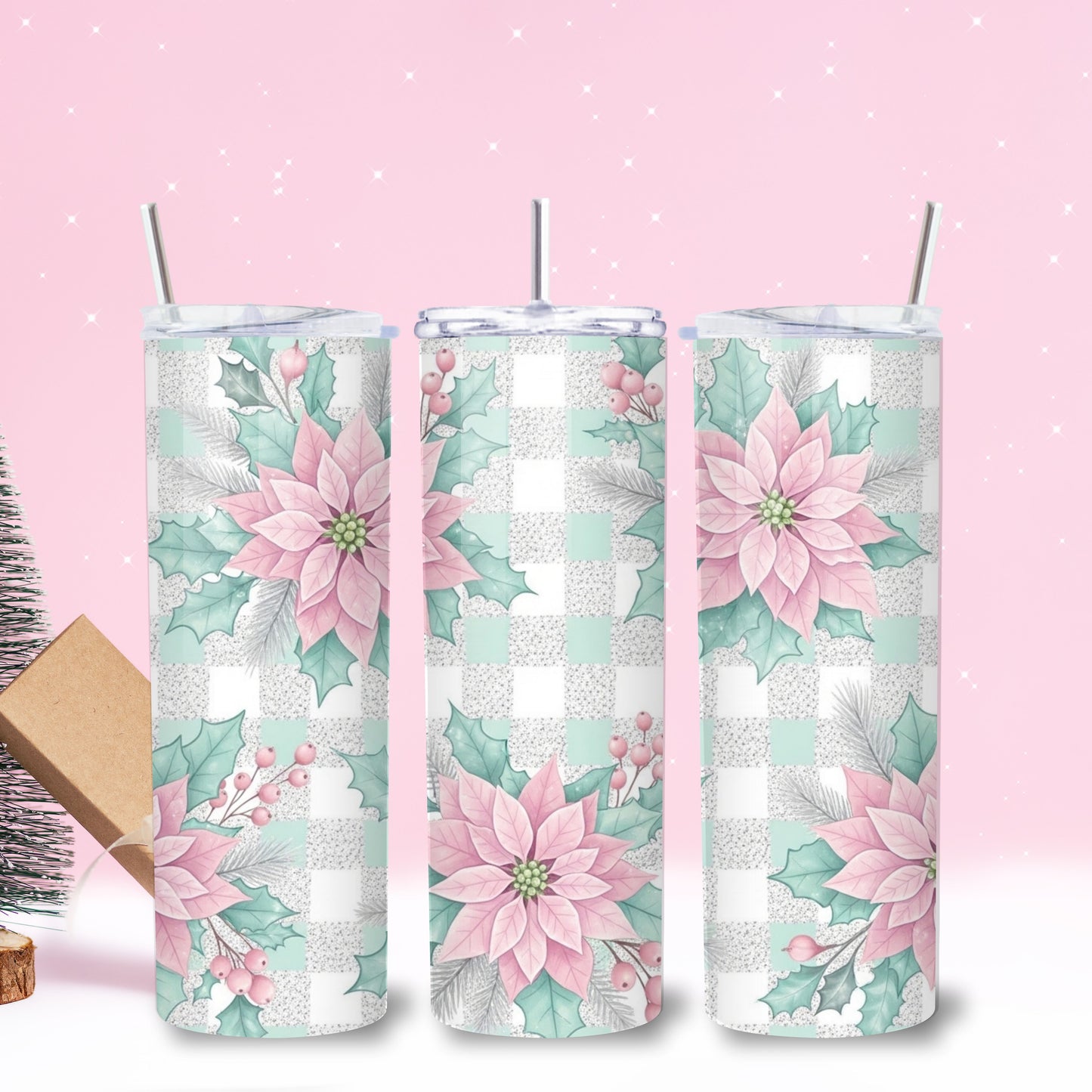 Pastel Pink Poinsettia Plaid Christmas Tumbler – 20oz Stainless Steel Holiday Cup with Lid & Straw