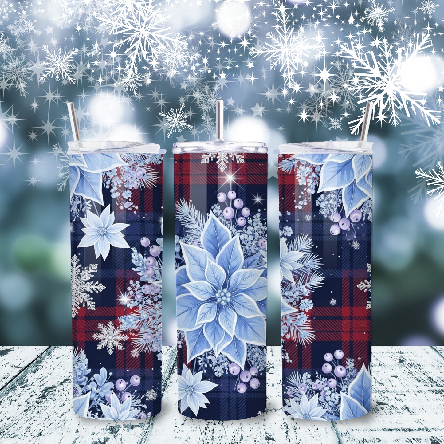 Blue Poinsettia & Red Plaid Christmas Tumbler – 20oz Stainless Steel Holiday Cup with Lid & Straw