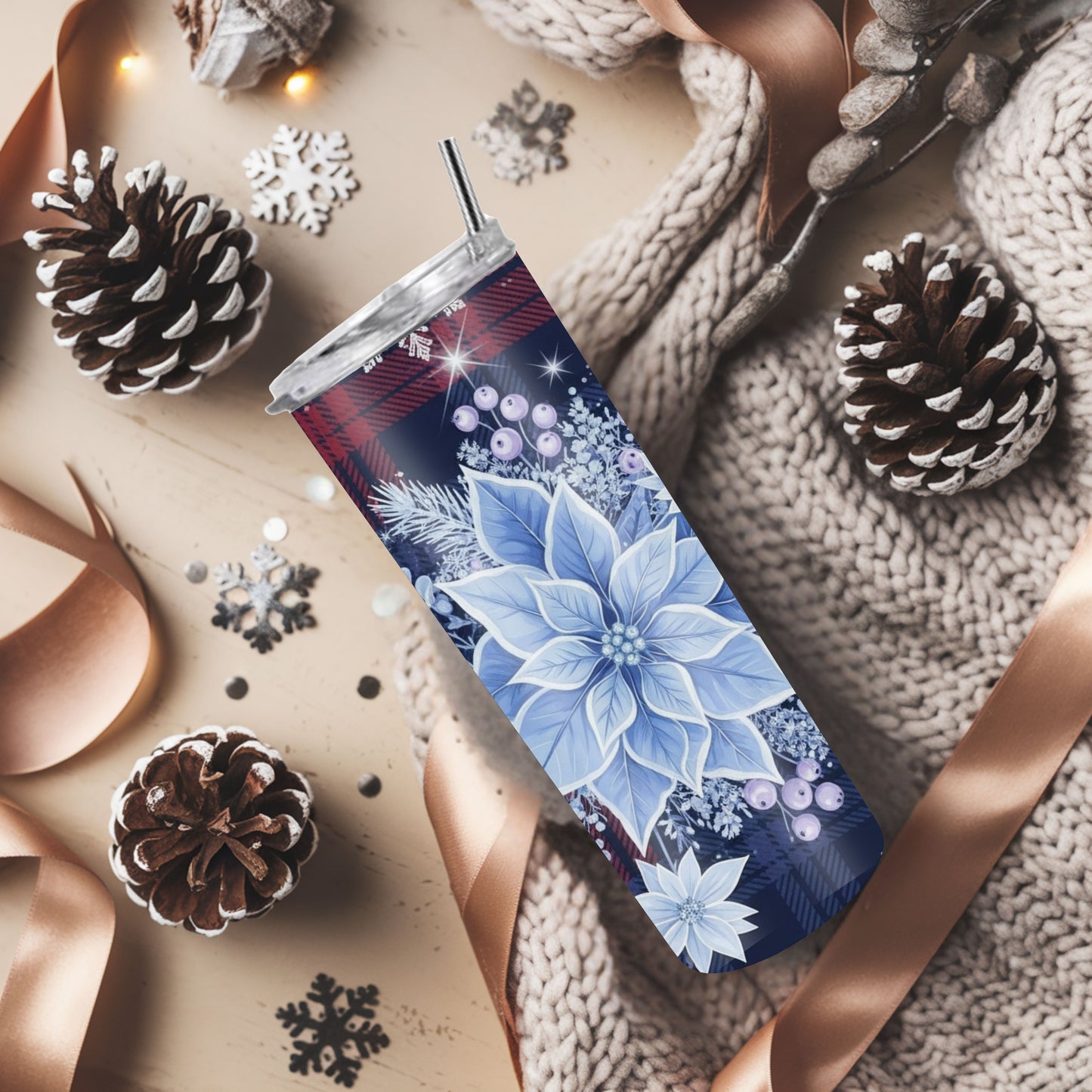 Blue Poinsettia & Red Plaid Christmas Tumbler – 20oz Stainless Steel Holiday Cup with Lid & Straw