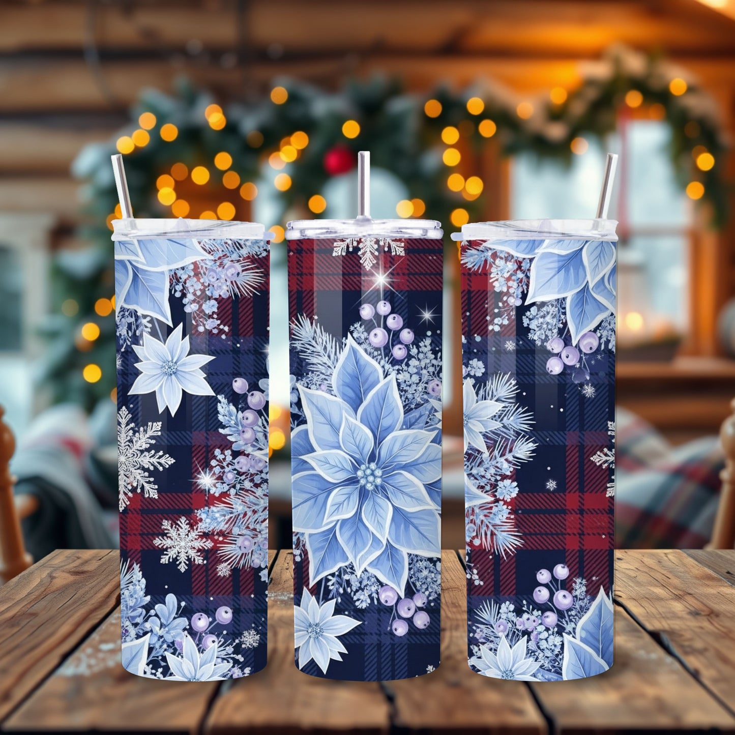 Blue Poinsettia & Red Plaid Christmas Tumbler – 20oz Stainless Steel Holiday Cup with Lid & Straw