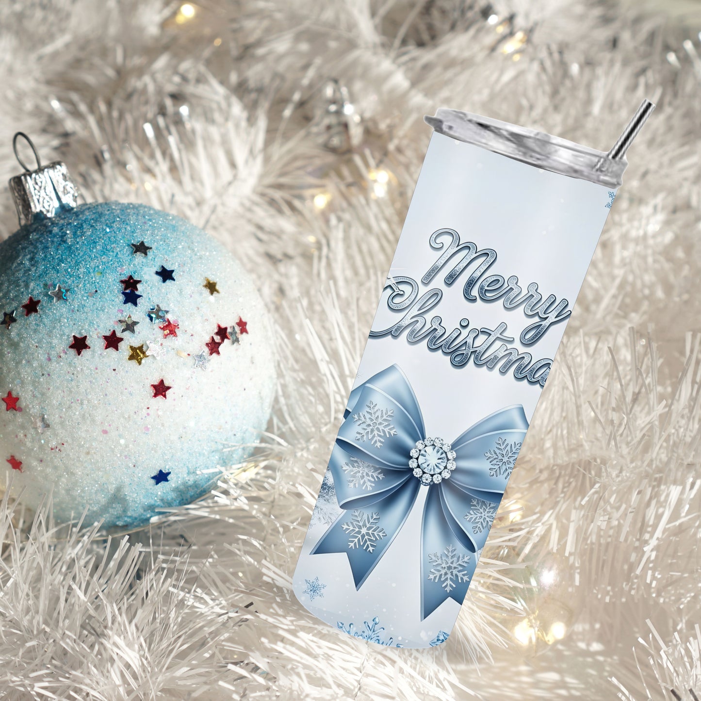 Blue Merry Christmas Tumbler – Elegant 20oz Stainless Steel Holiday Cup with Lid & Straw