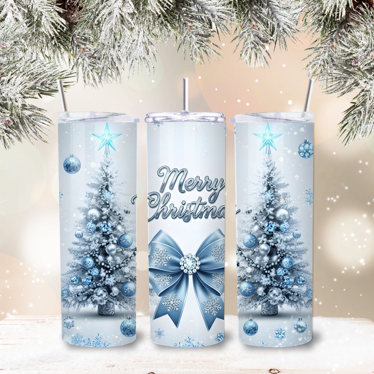 Blue Merry Christmas Tumbler – Elegant 20oz Stainless Steel Holiday Cup with Lid & Straw