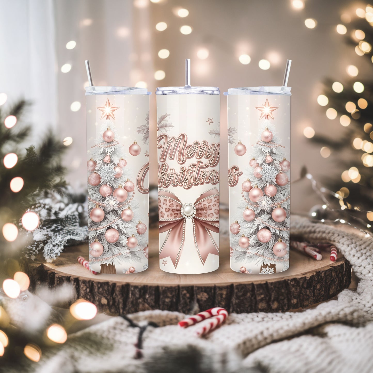Blush Pink Merry Christmas Tumbler – Glam 20oz Stainless Steel Holiday Cup with Lid & Straw