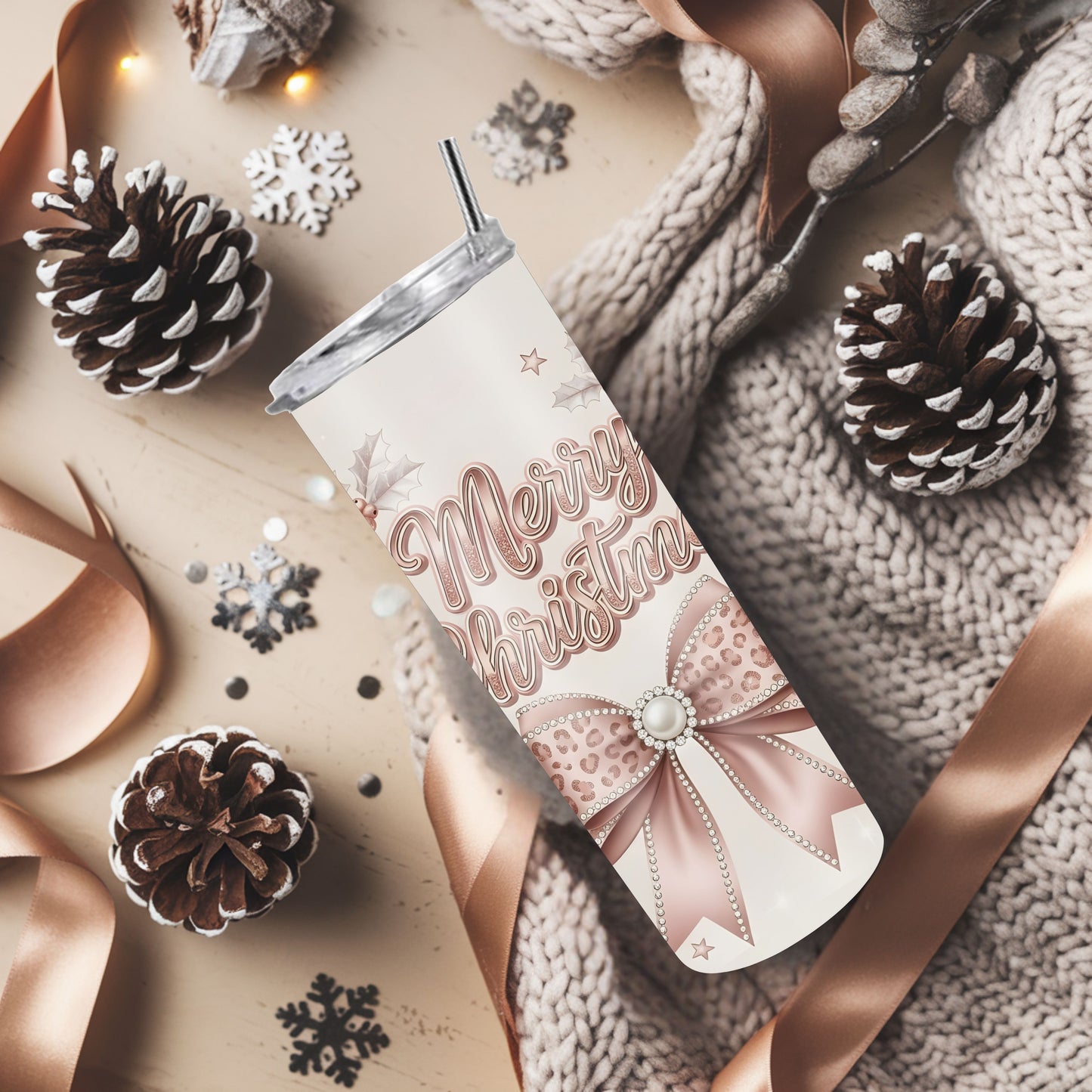 Blush Pink Merry Christmas Tumbler – Glam 20oz Stainless Steel Holiday Cup with Lid & Straw