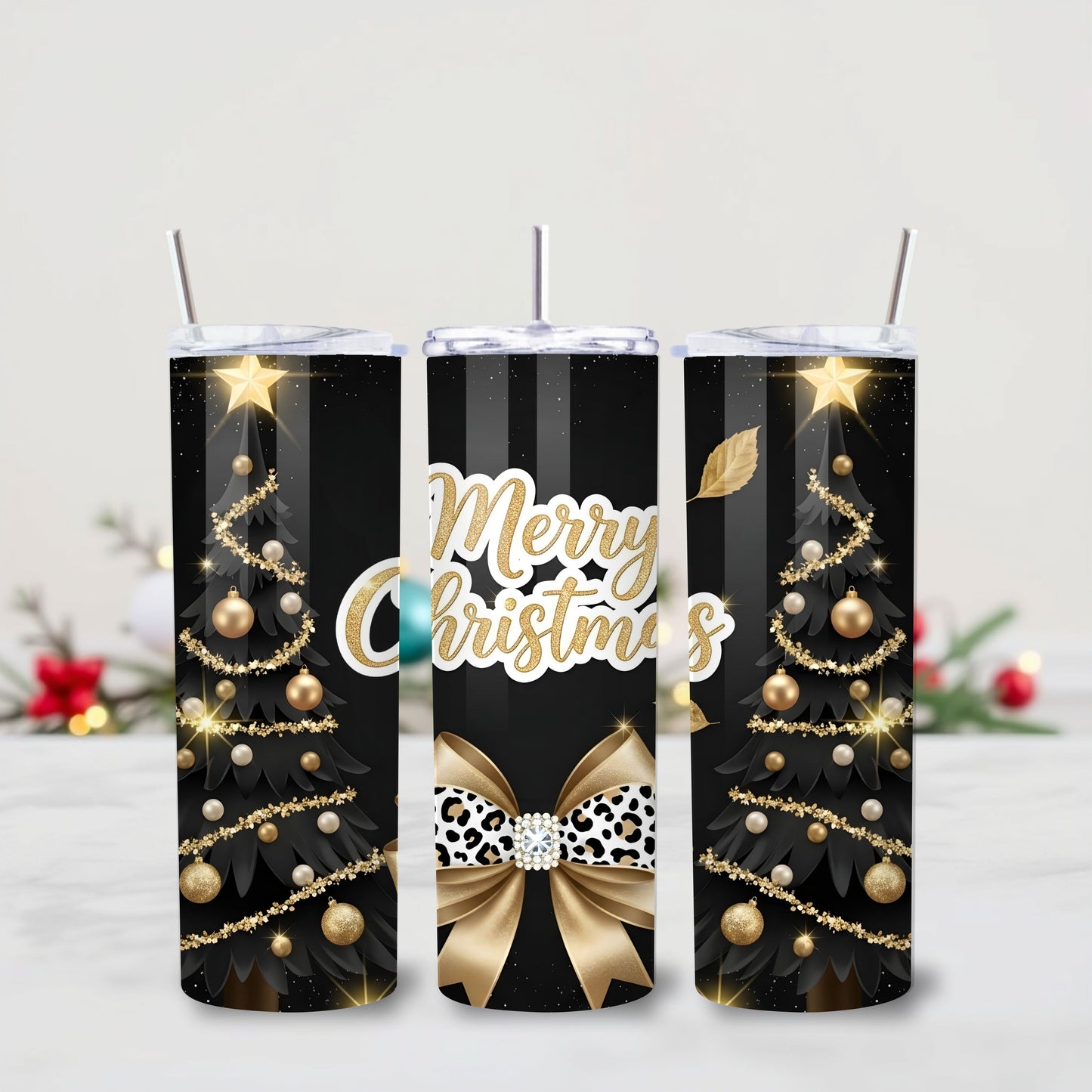 Black & Gold Merry Christmas Tumbler – Glam 20oz Stainless Steel Holiday Cup with Leopard Bow