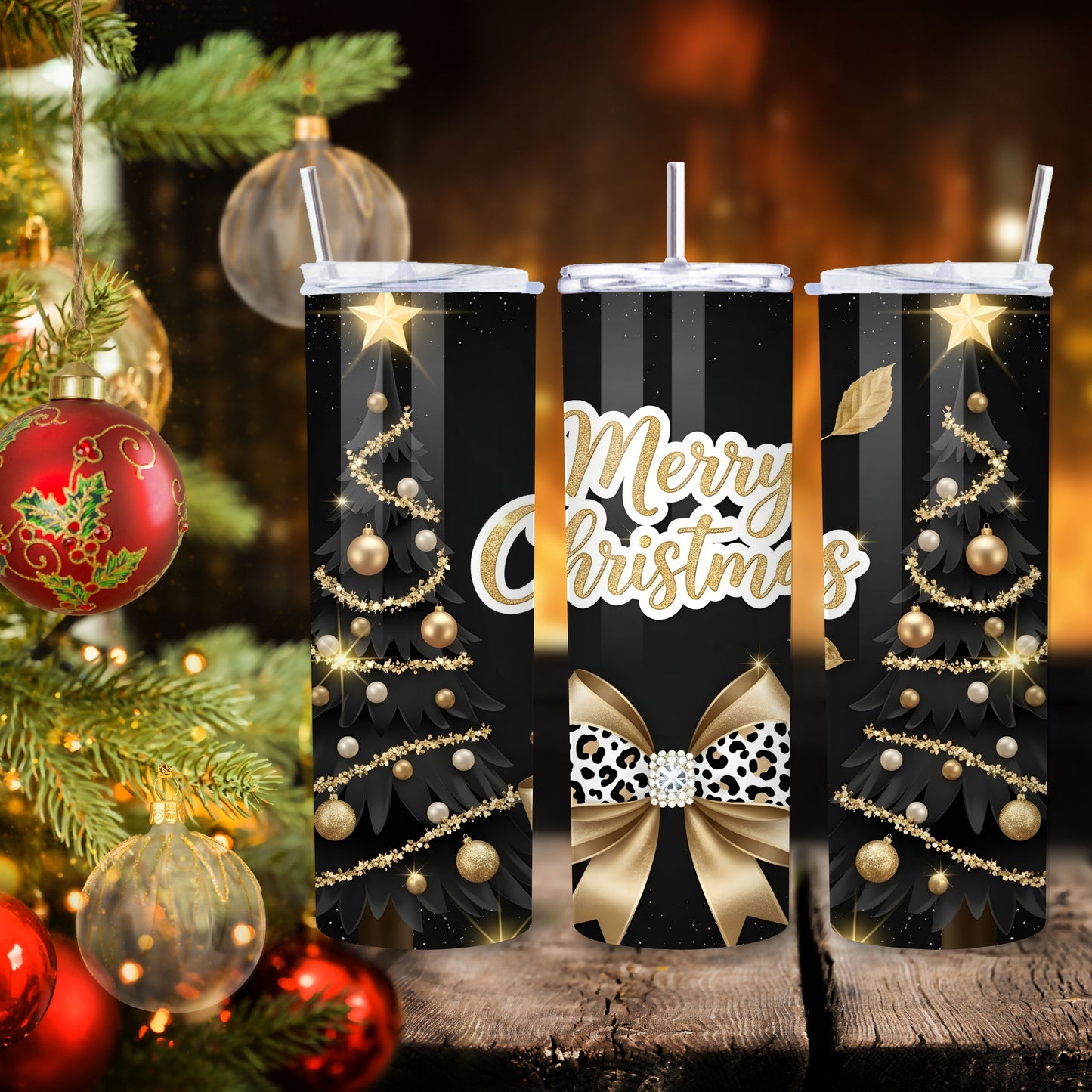 Black & Gold Merry Christmas Tumbler – Glam 20oz Stainless Steel Holiday Cup with Leopard Bow