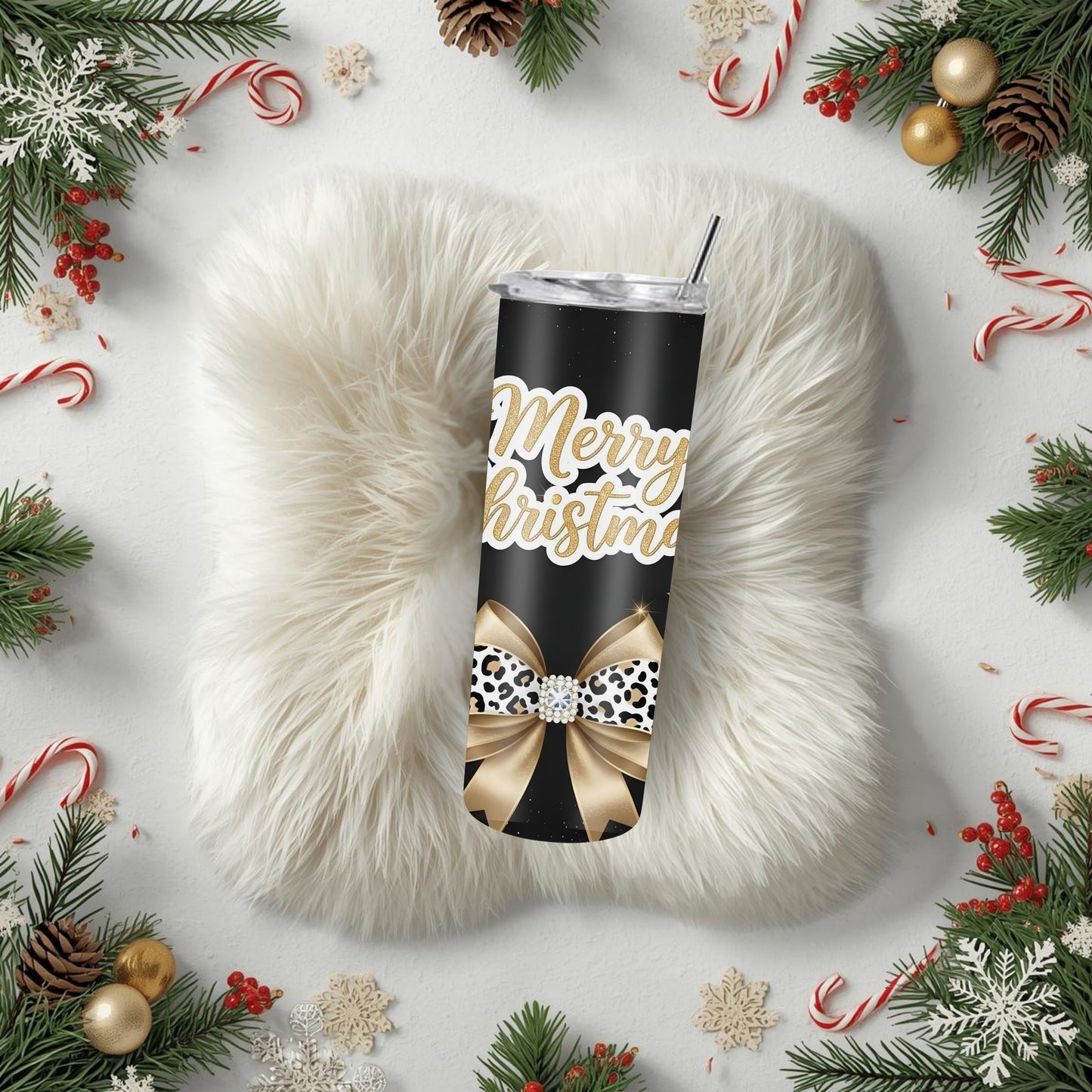 Black & Gold Merry Christmas Tumbler – Glam 20oz Stainless Steel Holiday Cup with Leopard Bow