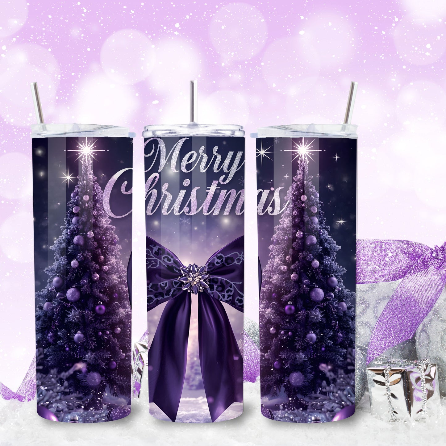 Purple Merry Christmas Tumbler – Luxe 20oz Stainless Steel Holiday Cup with Glam Bow