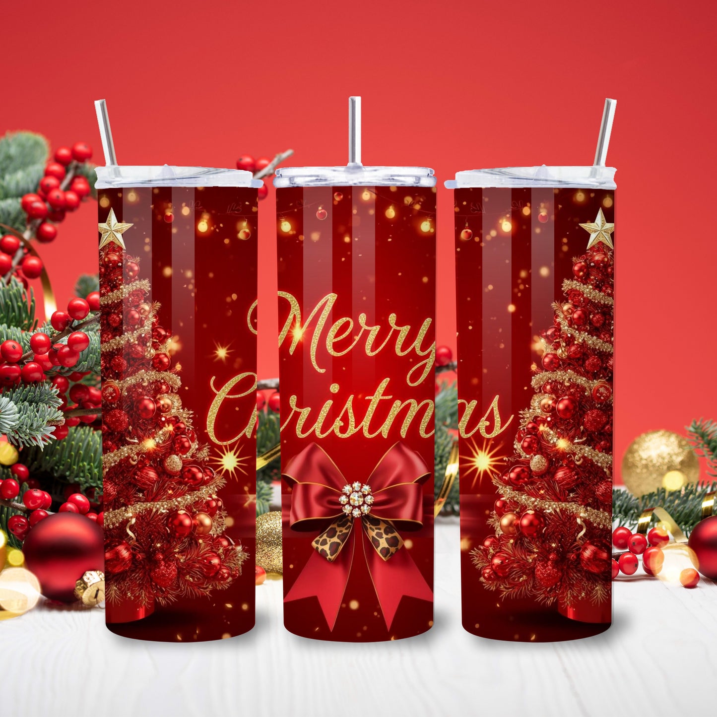 Red Merry Christmas Tumbler – Festive 20oz Stainless Steel Holiday Cup with Leopard Bow