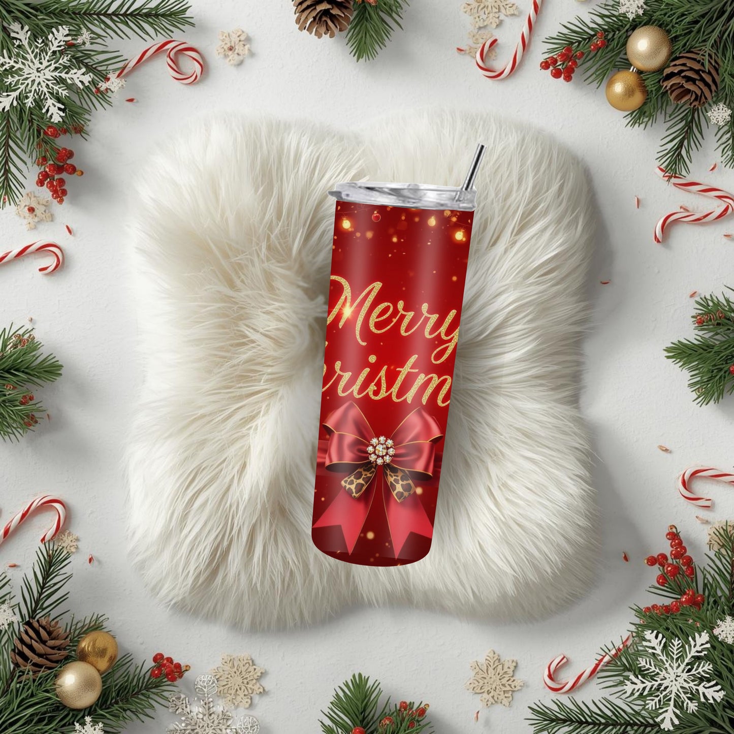 Red Merry Christmas Tumbler – Festive 20oz Stainless Steel Holiday Cup with Leopard Bow