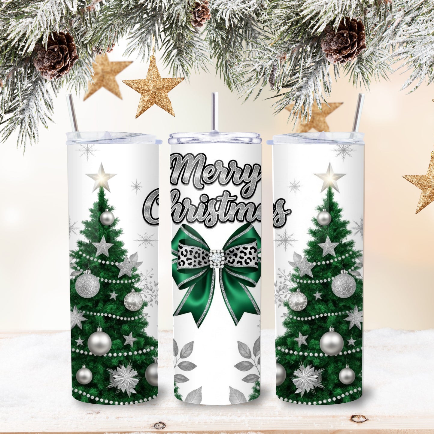 Green Merry Christmas Tumbler – Elegant 20oz Stainless Steel Holiday Cup with Leopard Bow