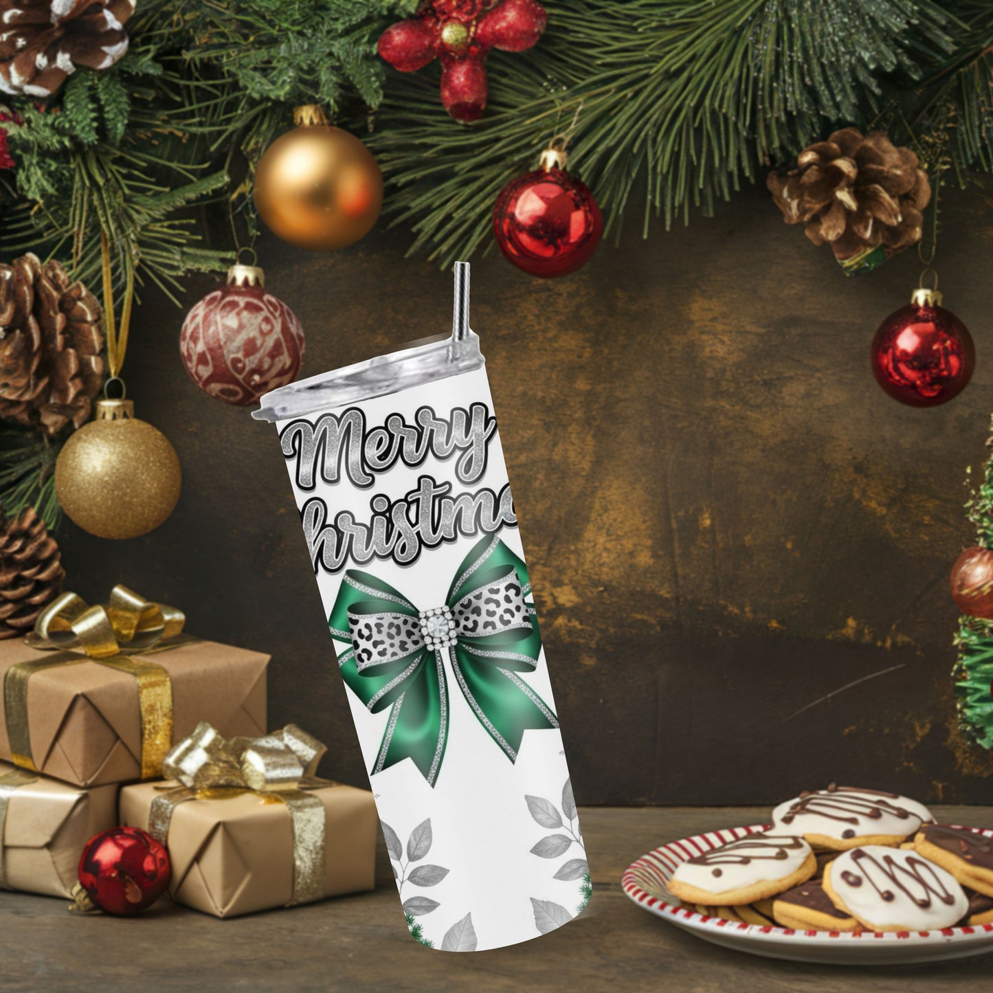 Green Merry Christmas Tumbler – Elegant 20oz Stainless Steel Holiday Cup with Leopard Bow