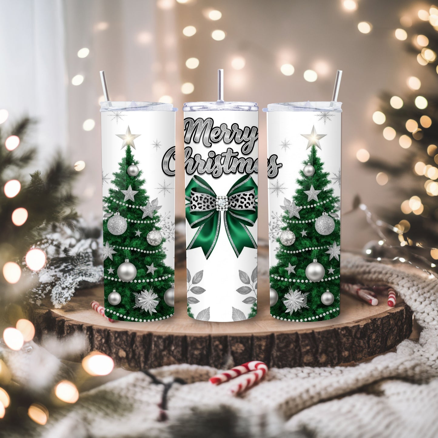 Green Merry Christmas Tumbler – Elegant 20oz Stainless Steel Holiday Cup with Leopard Bow