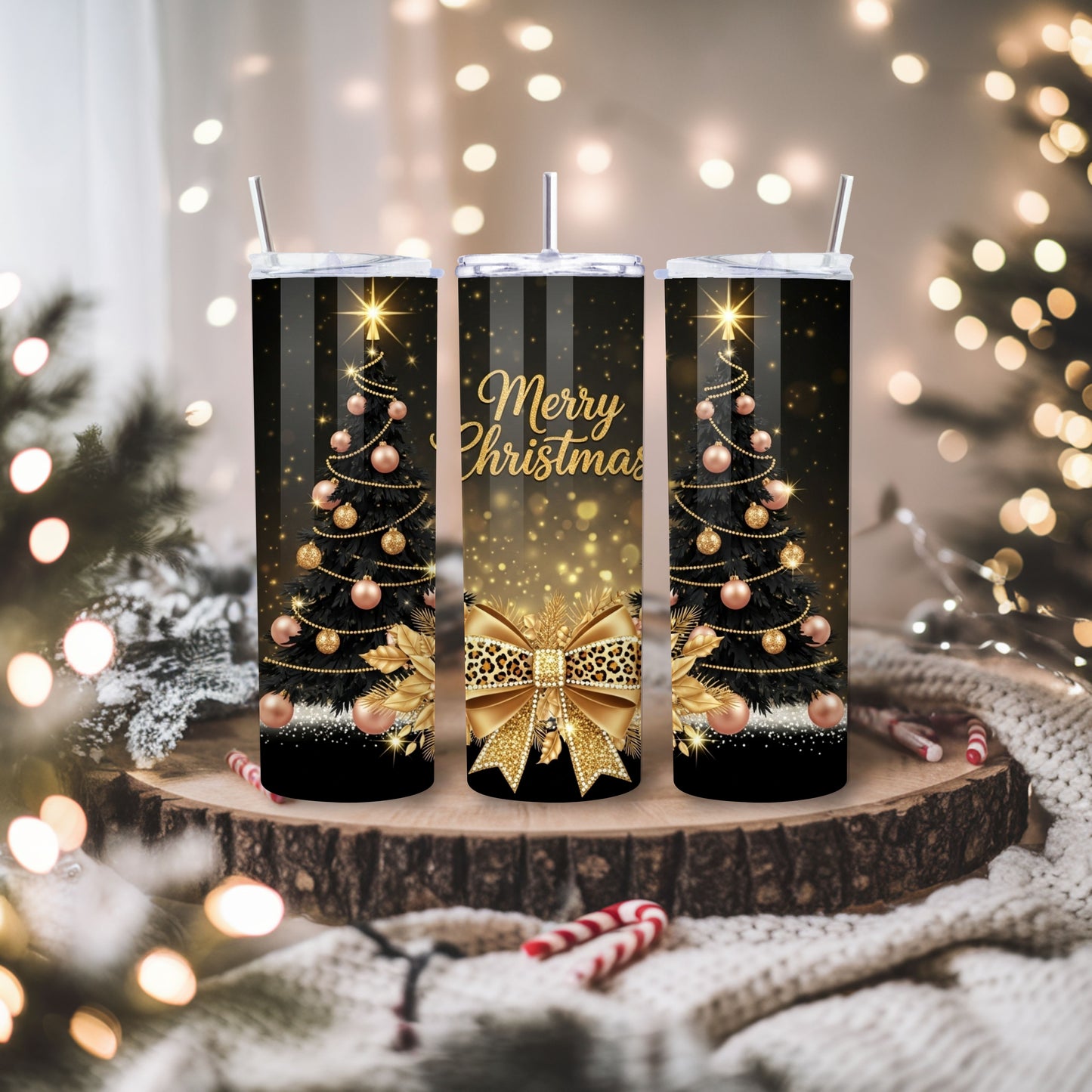 Black, Rose Gold & Gold Merry Christmas Tumbler – Glam Leopard Bow 20oz Stainless Steel Holiday Cup