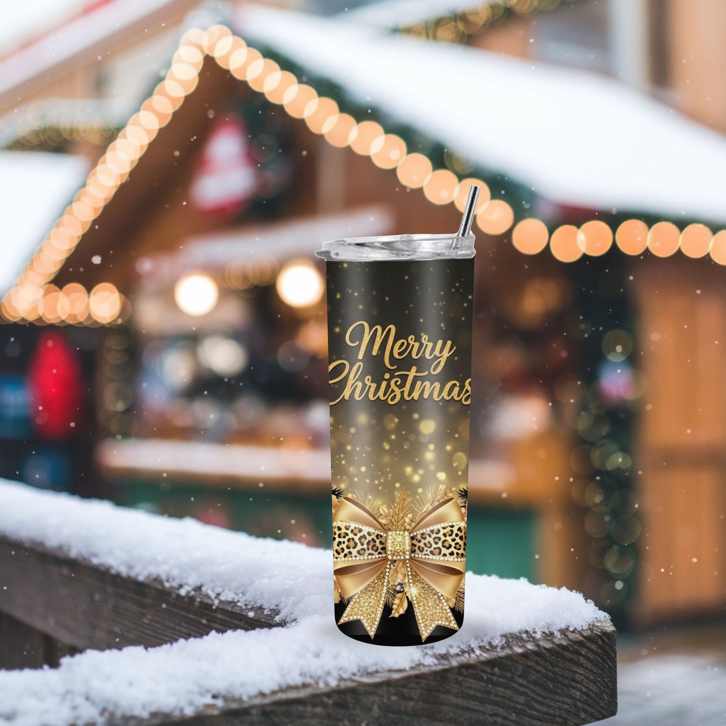 Black, Rose Gold & Gold Merry Christmas Tumbler – Glam Leopard Bow 20oz Stainless Steel Holiday Cup
