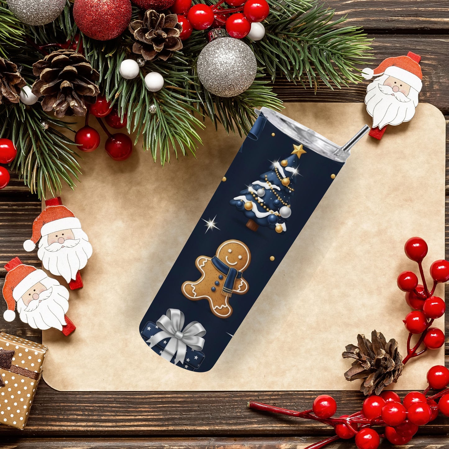 Midnight Christmas Tumbler – Navy Blue & Gold Gingerbread Holiday 20oz Stainless Steel Cup