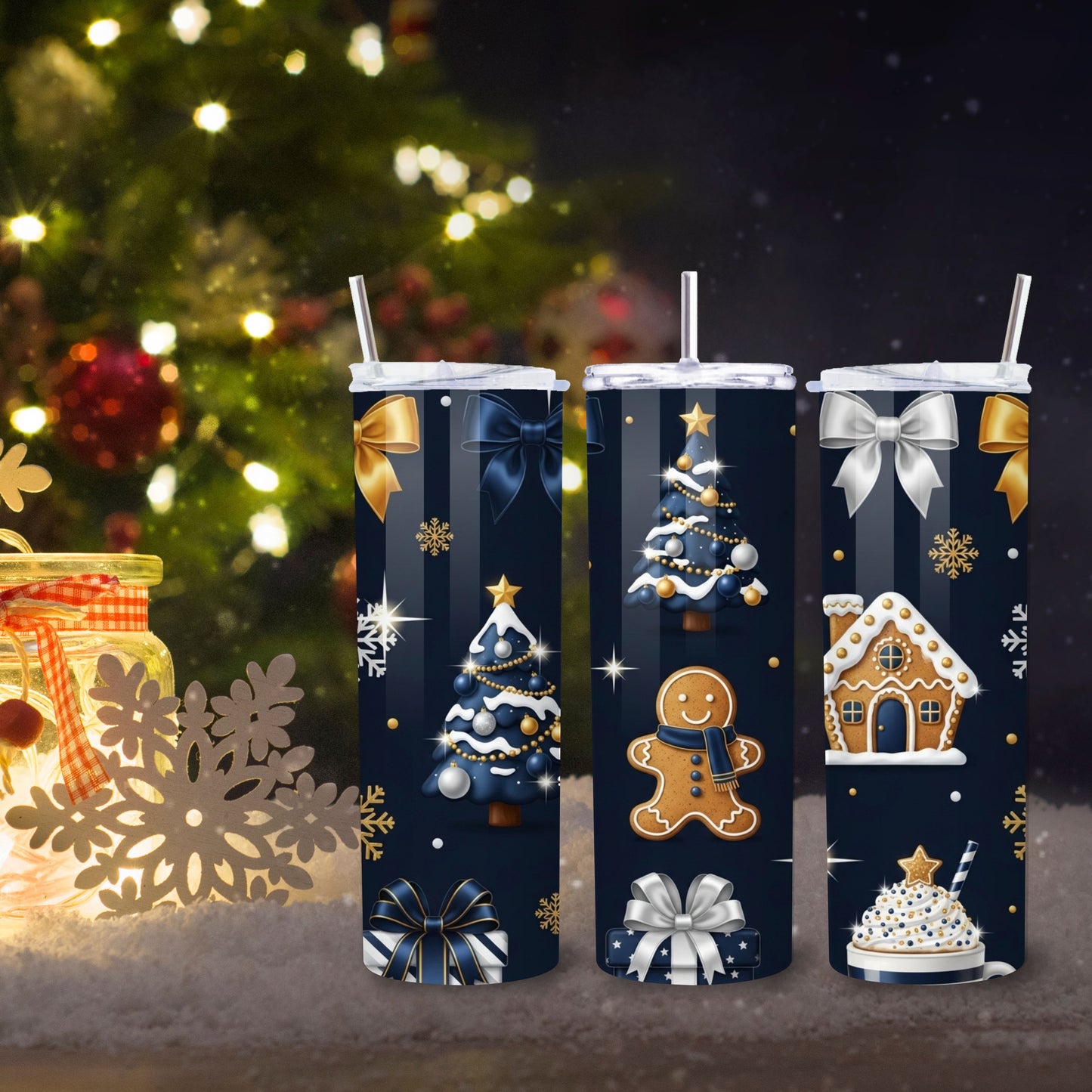 Midnight Christmas Tumbler – Navy Blue & Gold Gingerbread Holiday 20oz Stainless Steel Cup