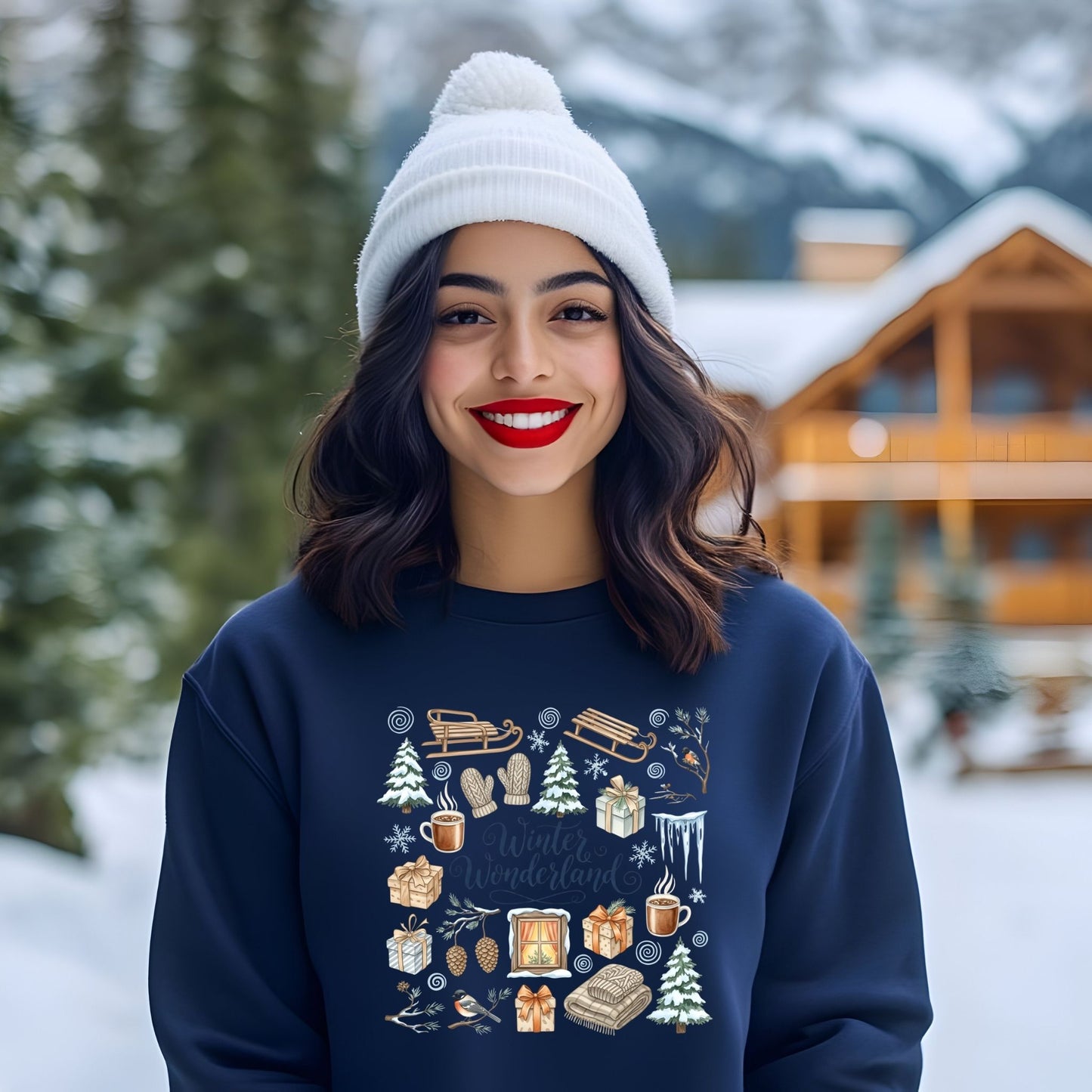 Woman wearing a navy blue sweater with winter-themed designs in a snowy landscape.