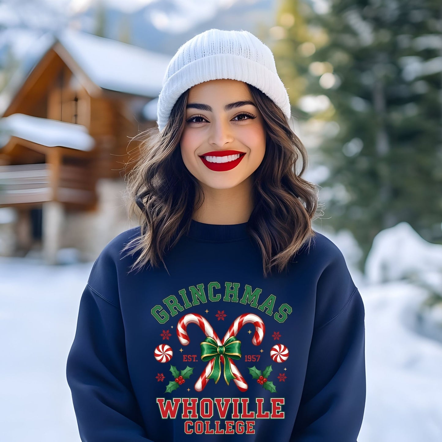 Woman wearing a navy blue 'Grinchmas Whoville College' sweatshirt in a snowy outdoor setting.