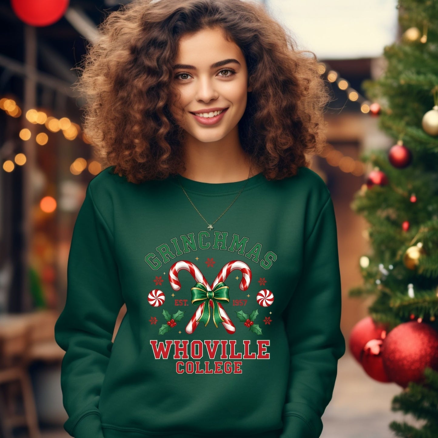 Woman wearing a green 'Grinchmas Whoville College' sweater with Christmas decorations in the background.