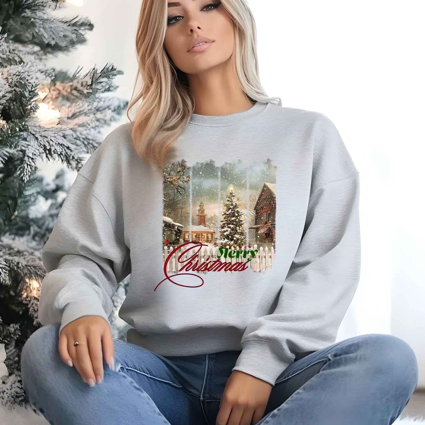 Woman wearing a gray sweatshirt with a Christmas design in front of a snowy landscape.