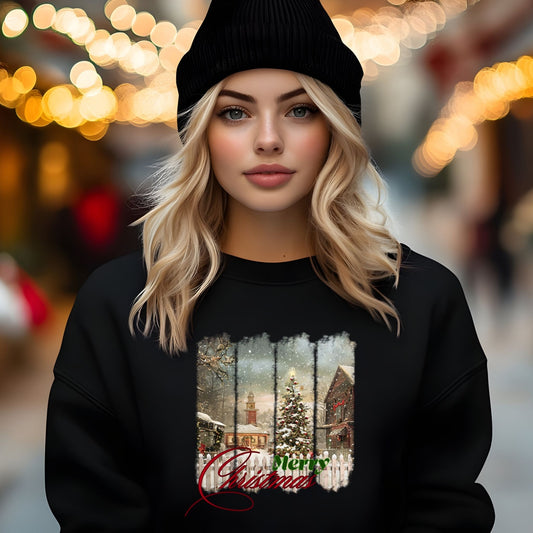 Woman wearing a black sweatshirt with a Christmas design against a blurred festive background