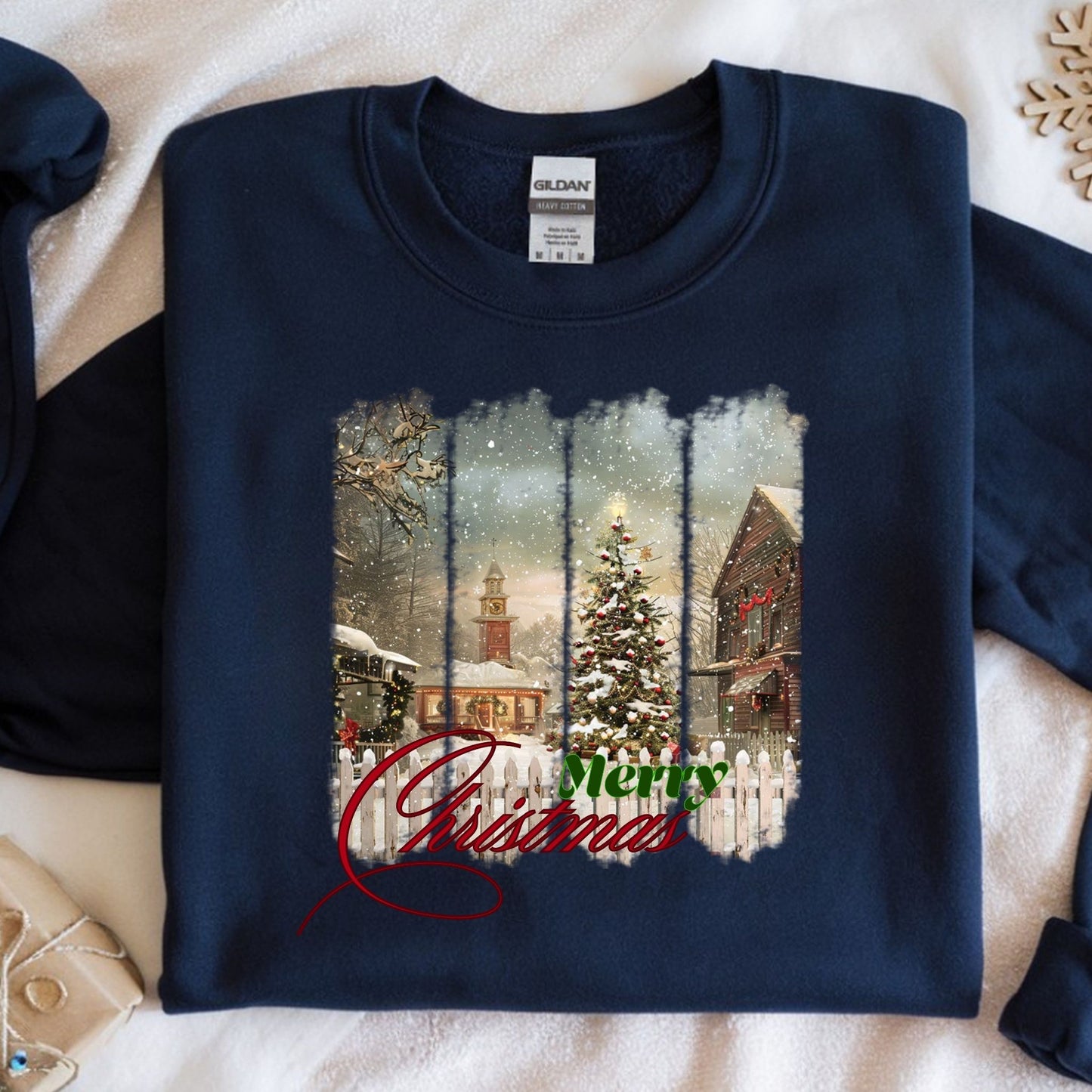 Navy blue sweatshirt with Christmas-themed design on a white surface