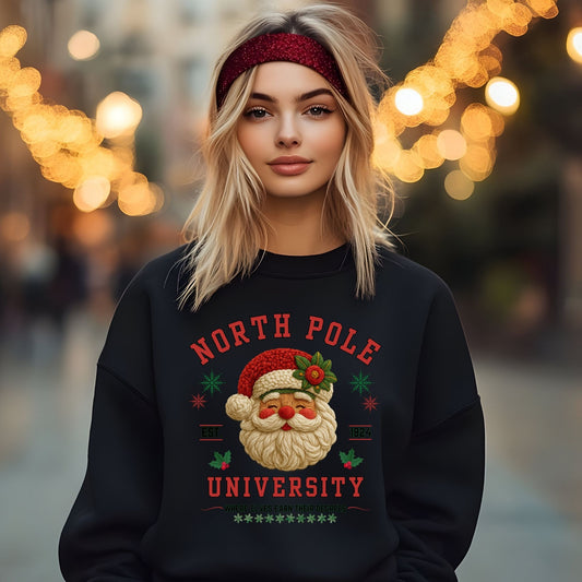 Person wearing a black sweatshirt with 'North Pole University' and Santa Claus design, blurred lights in the background