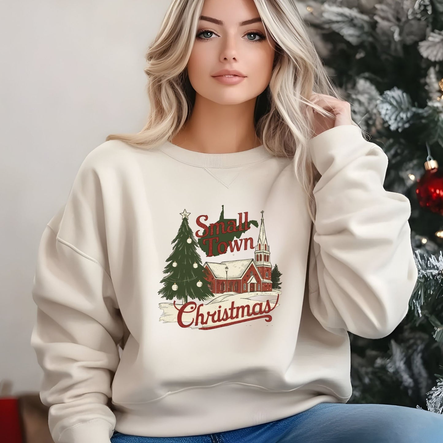 Woman wearing a 'Small Town Christmas' sweater with a festive design, standing in front of a decorated Christmas tree.