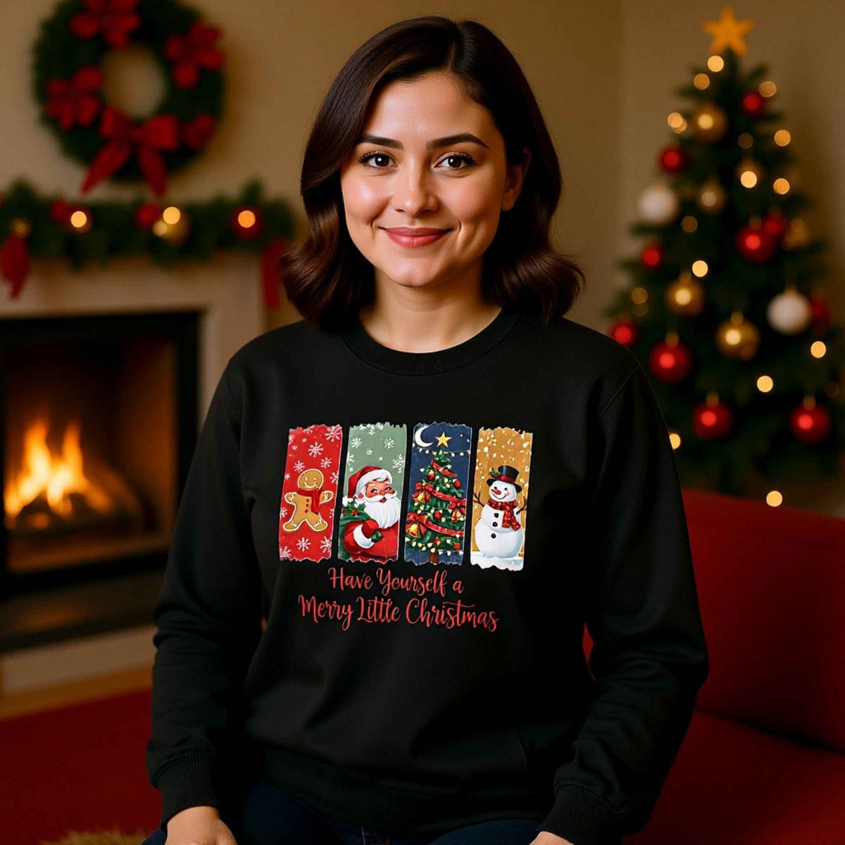 Have Yourself a Merry Little Christmas crewneck with Santa tree and snowman graphic