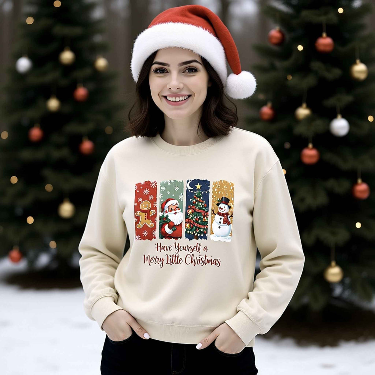 Have Yourself a Merry Little Christmas crewneck with Santa tree and snowman graphic