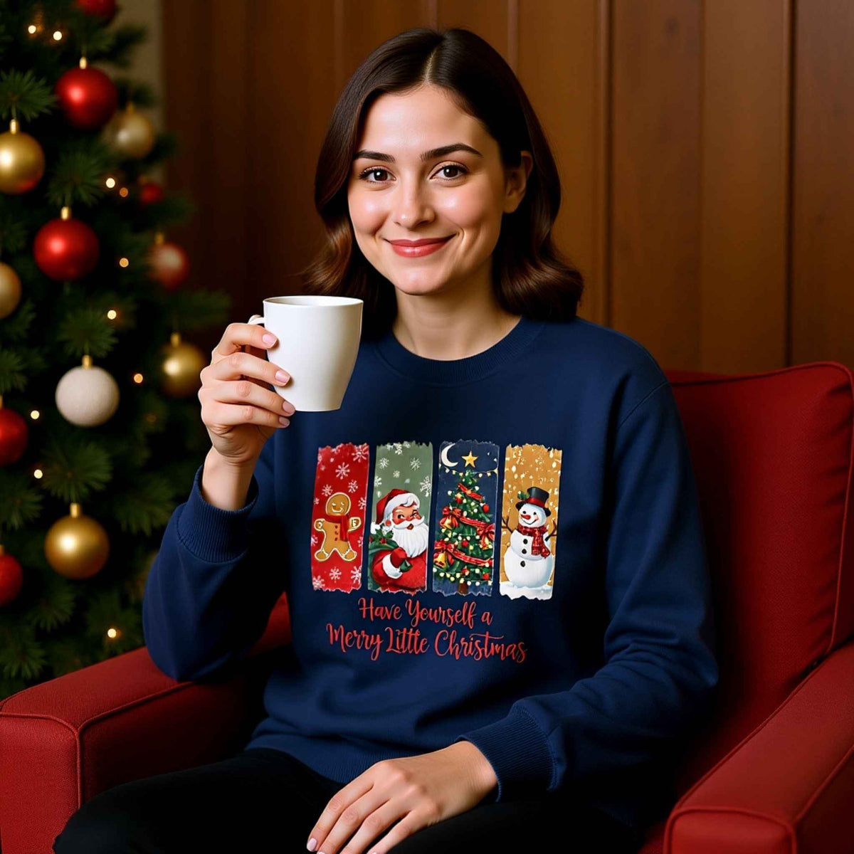 Have Yourself a Merry Little Christmas crewneck with Santa tree and snowman graphic