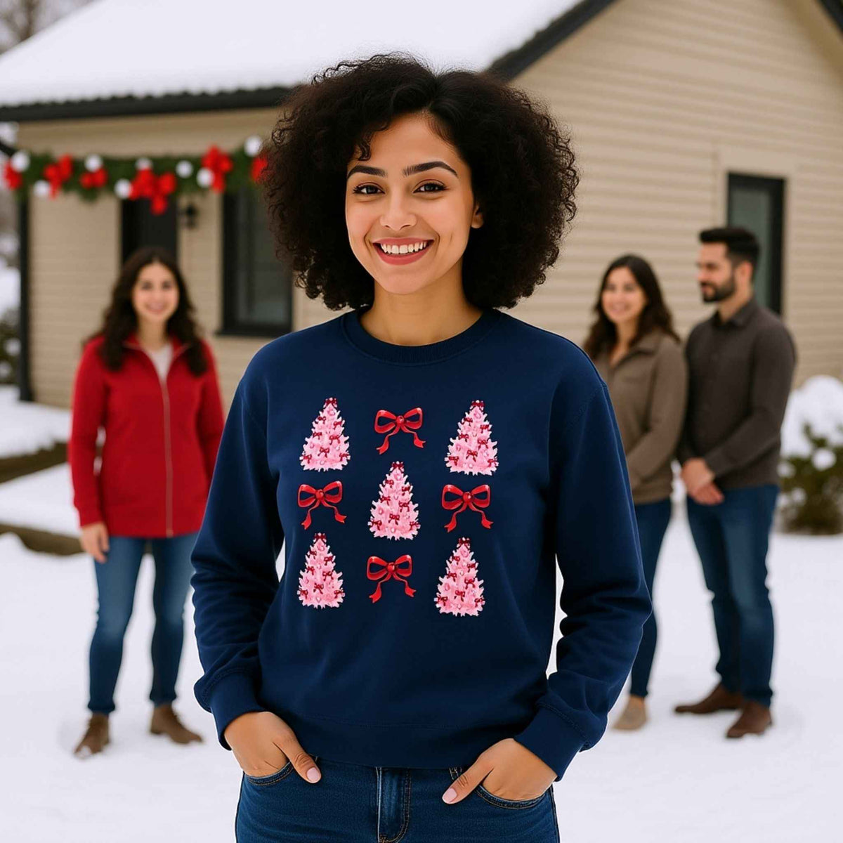 Pink Christmas tree black crewneck sweatshirt with red bows