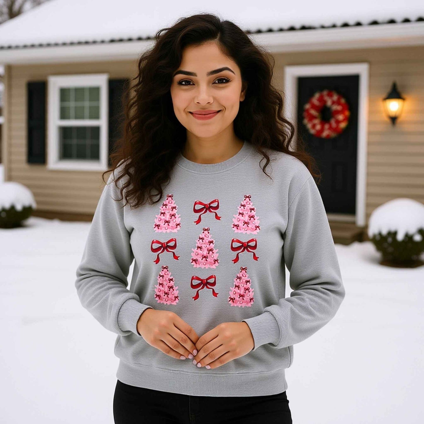 Pink Christmas Tree Crewneck Sweatshirt | Black Holiday Sweater with Red Bows | Cozy Festive Winter Pullover