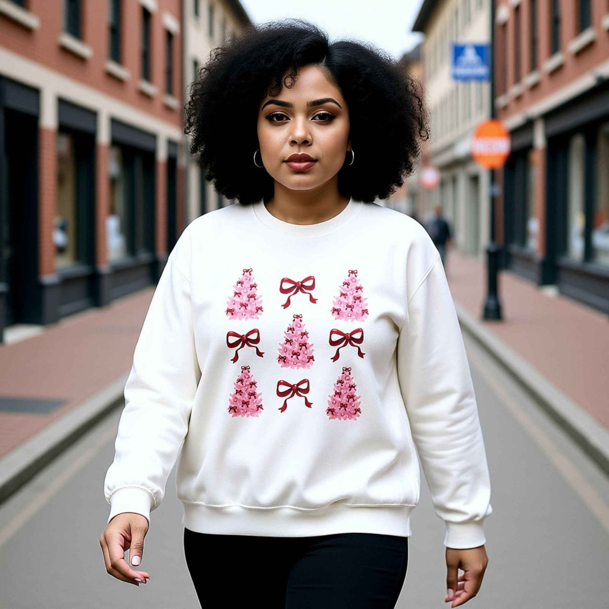 Pink Christmas tree black crewneck sweatshirt with red bows