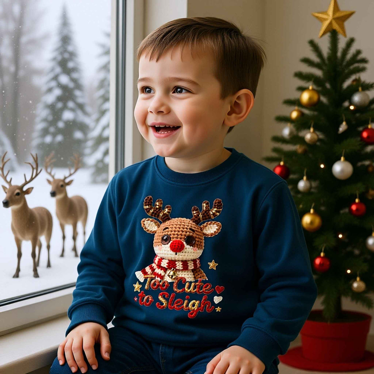 Too Cute to Sleigh faux crochet reindeer toddler Christmas crewneck